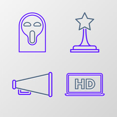 Set line Laptop screen with HD video technology, Megaphone, Movie trophy and Funny and scary ghost mask icon. Vector
