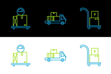 Set line Hand truck and boxes, Scale with cardboard and Delivery icon. Vector