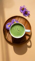 Refreshing Green Tea Beverage with Delicate Purple Flowers on a Wooden Tray