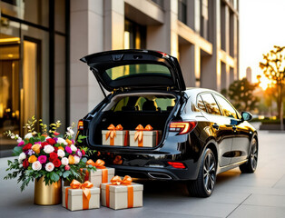 Luxury car trunk filled with gifts and flowers for a surprise celebration in the city