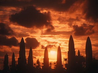 Silhouetted rockets against a fiery sunset.