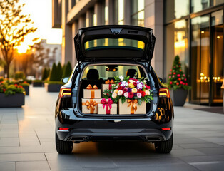 Surprise flower and gift delivery displayed in luxury car trunk during city celebration at sunset