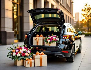 Delivery of stunning floral arrangements and gift boxes in a luxury car trunk for a romantic surprise in the city at sunset