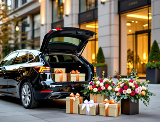 Luxury flower and gift delivery in city center with vibrant floral arrangements in car trunk