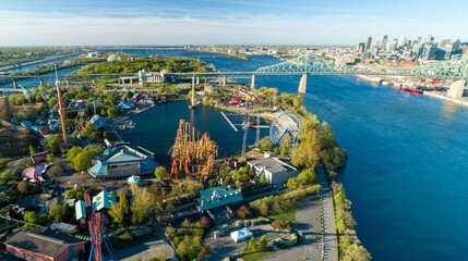 Aerial view of La Ronde amusement park, with the Jacques Cartier Bridge and Montreal skyline in the background, Canada. Tourists visit for entertainment.