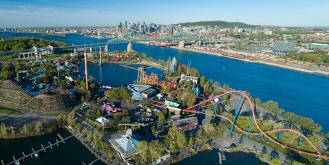 Aerial view of La Ronde amusement park in Montreal, Canada, featuring roller coasters and the...