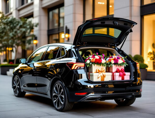 Surprise flower delivery in luxury car trunk showcases vibrant floral arrangements and gift boxes in a bustling city setting