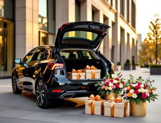 Luxury car trunk filled with vibrant flowers and gift boxes ready for delivery in the city