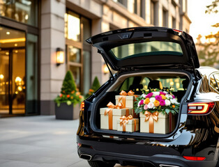 Surprise floral delivery in luxury car trunk for special celebration in urban setting