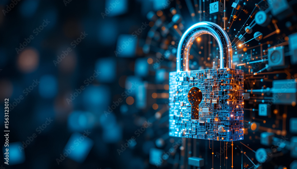 Poster digital padlock safeguards online information with network connections highlighting cyber security a