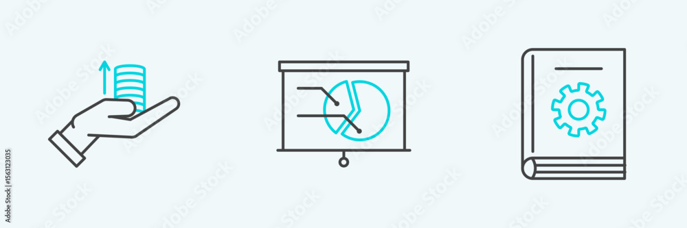Poster set line user manual, money on hand and board with graph chart icon. vector