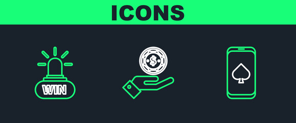 Set line Online poker table game, Casino win and Hand holding casino chips icon. Vector