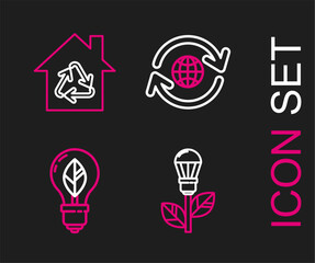 Set line Light bulb with leaf, Planet earth and recycling and Eco House symbol icon. Vector