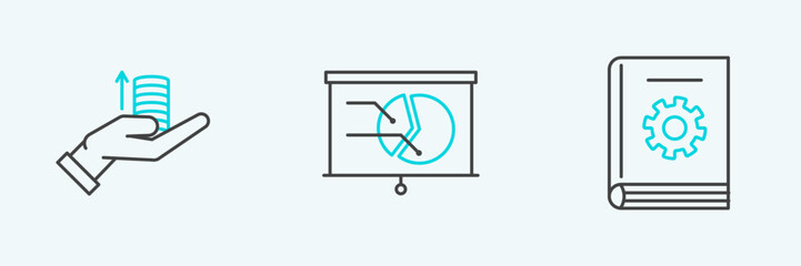 Set line User manual, Money on hand and Board with graph chart icon. Vector