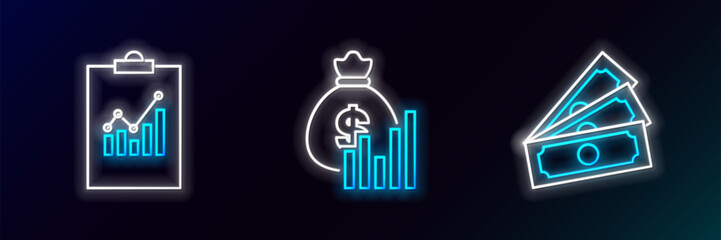 Set line Stacks paper money cash, Clipboard with graph chart and Money bag and diagram icon. Glowing neon. Vector