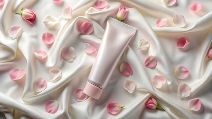 A sleek pink tube of cream rests on a luxurious white silk fabric adorned with delicate pink rose petals, creating an elegant and feminine cosmetic product display