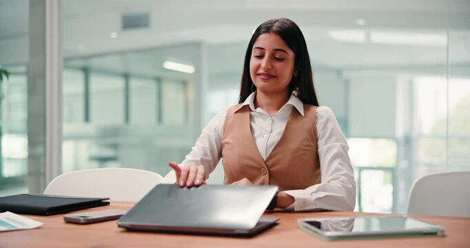 Face, business and woman on laptop in office for accounting, budget planning and compliance email. Portrait, person and done with financial report, audit agenda and feedback for investment management