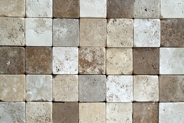A close up of a mosaic tile pattern with varying shades of brown beige and gray squares arranged neatly