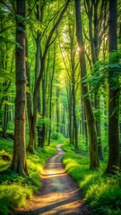 Fototapeta premium A sunlit path winds through a lush green forest, sunlight filtering through the tall trees creating a tranquil and peaceful atmosphere