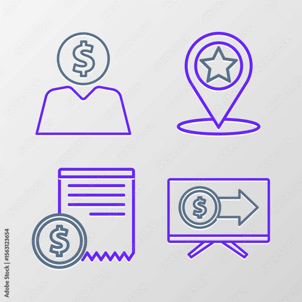 Poster set line monitor with dollar, paper check and financial check, map pointer star and business man pla