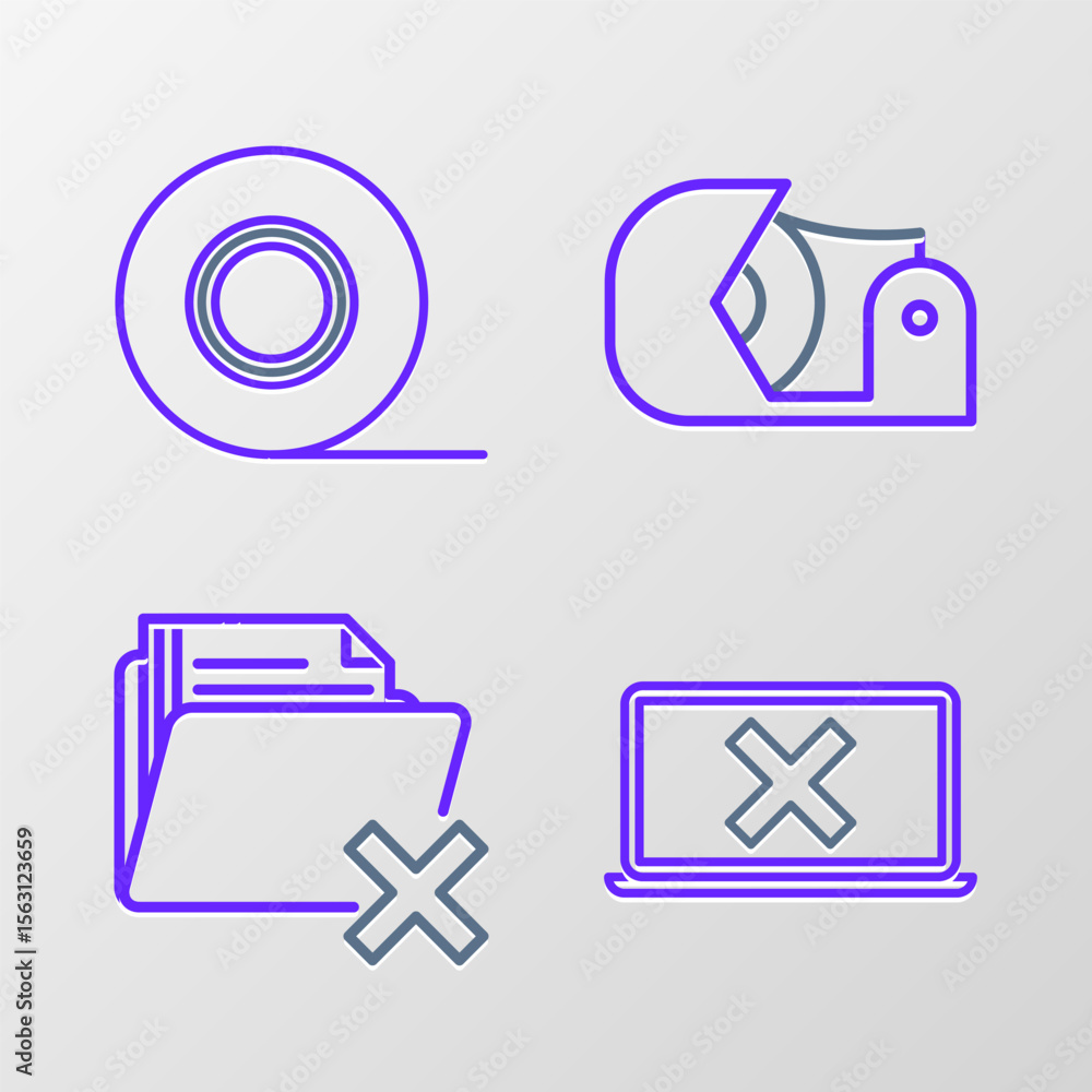 Poster set line laptop and cross mark on screen, delete folder, scotch and icon. vector