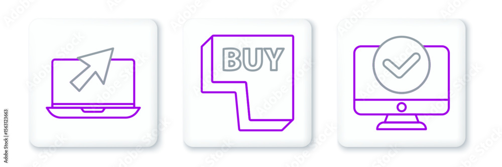 Poster set line computer monitor, laptop and cursor and buy button icon. vector
