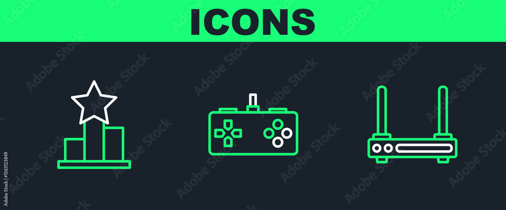Aufkleber set line router and wi-fi signal, star and gamepad icon. vector