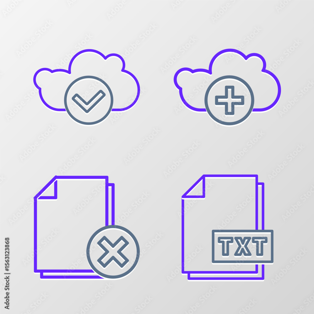 Fototapete Set line TXT file document, Delete, Add cloud and Cloud with check mark icon. Vector