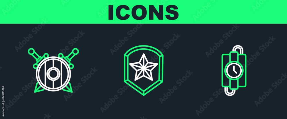 Poster set line dynamite stick and timer clock, wooden shield with crossed swords and police badge icon. ve