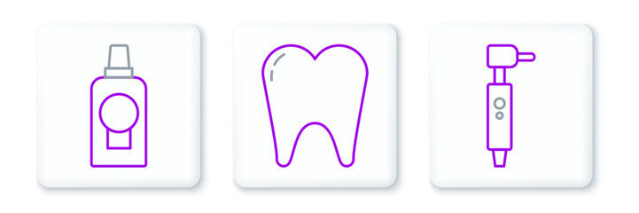 Set line Tooth drill, Mouthwash plastic bottle and icon. Vector