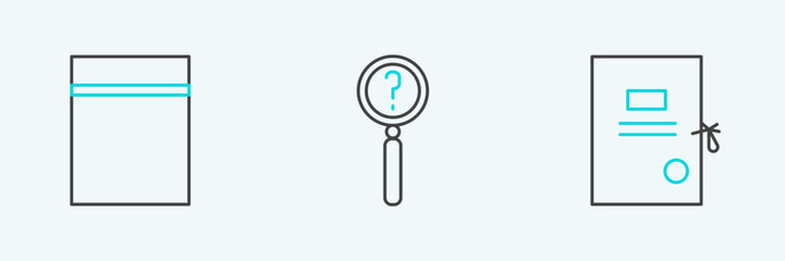Set line Lawsuit paper, Plastic bag with ziplock and Magnifying glass search icon. Vector