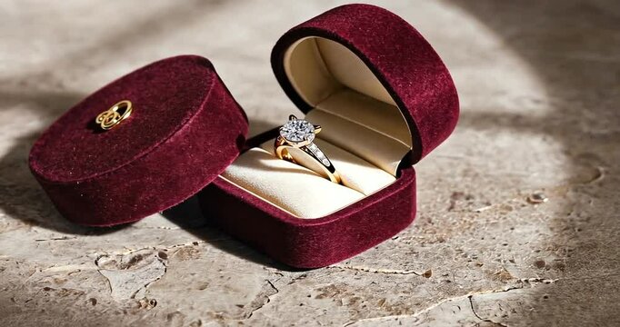 Elegant velvet jewelry box displaying a sparkling engagement ring, with soft lighting and textured background