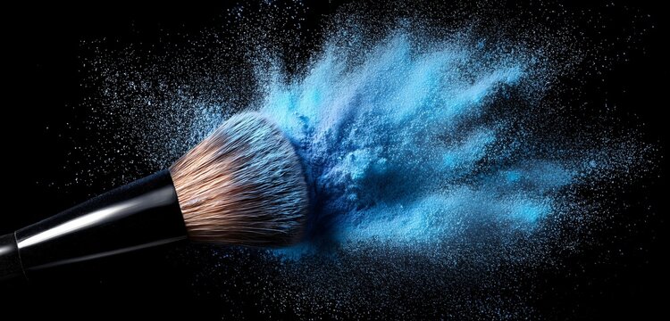 A makeup brush with blue powder exploding against a black background in a studio setting