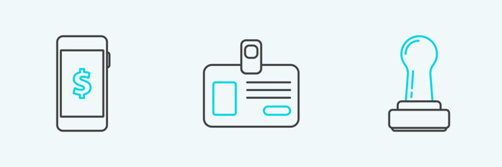 Set line Stamp, Smartphone with dollar symbol and Identification badge icon. Vector