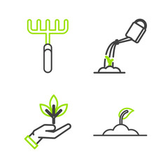Set line Sprout, Plant in hand of environmental protection, Watering can with water and Garden rake icon. Vector