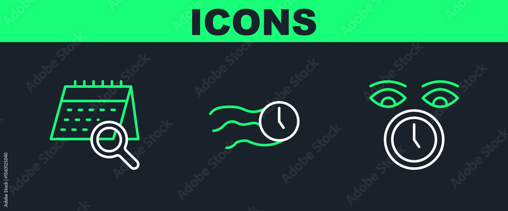 Poster set line clock, calendar search and time flies on the clock icon. vector
