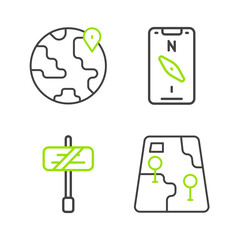Set line City map navigation, Road traffic sign, Compass mobile and Location the globe icon. Vector