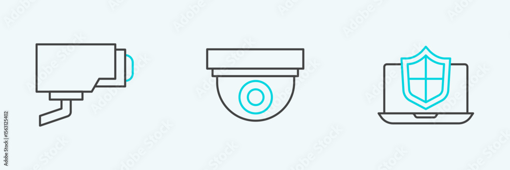 Poster set line laptop protected with shield, security camera and icon. vector