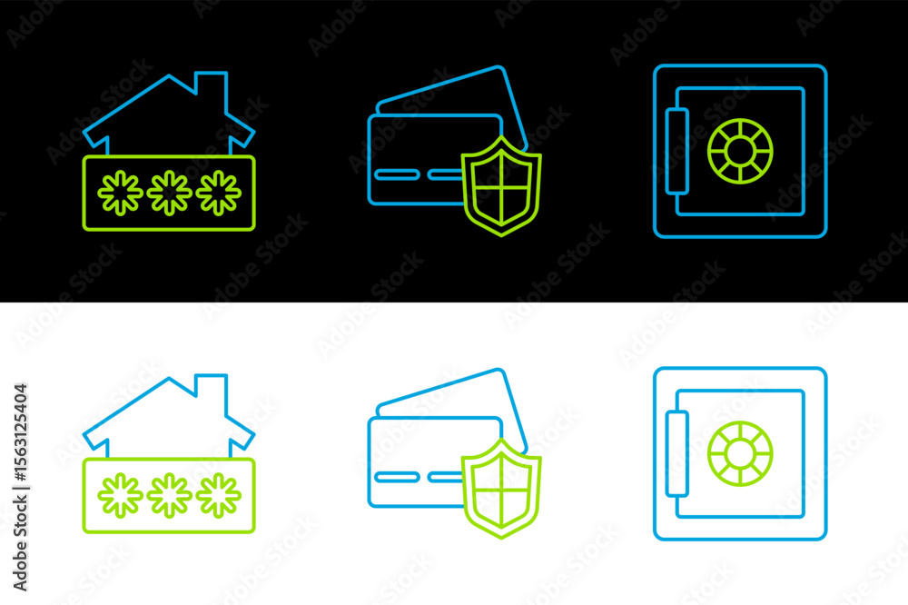 Poster set line safe, house with password and credit card shield icon. vector