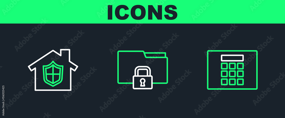 Poster set line password protection, house under and folder and lock icon. vector