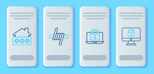 Set line Barbed wire, Laptop and lock, House with password and Lock on monitor icon. Vector