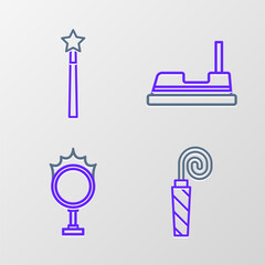 Set line Birthday party horn, Circus fire hoop, Bumper car and Magic wand icon. Vector