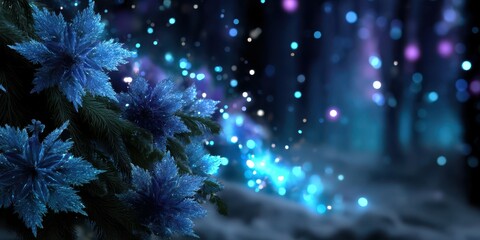 Enchanting blue winter landscape with sparkling decorations in a snowy forest at night