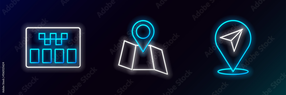 Poster set line location, taximeter and folded map with location icon. glowing neon. vector