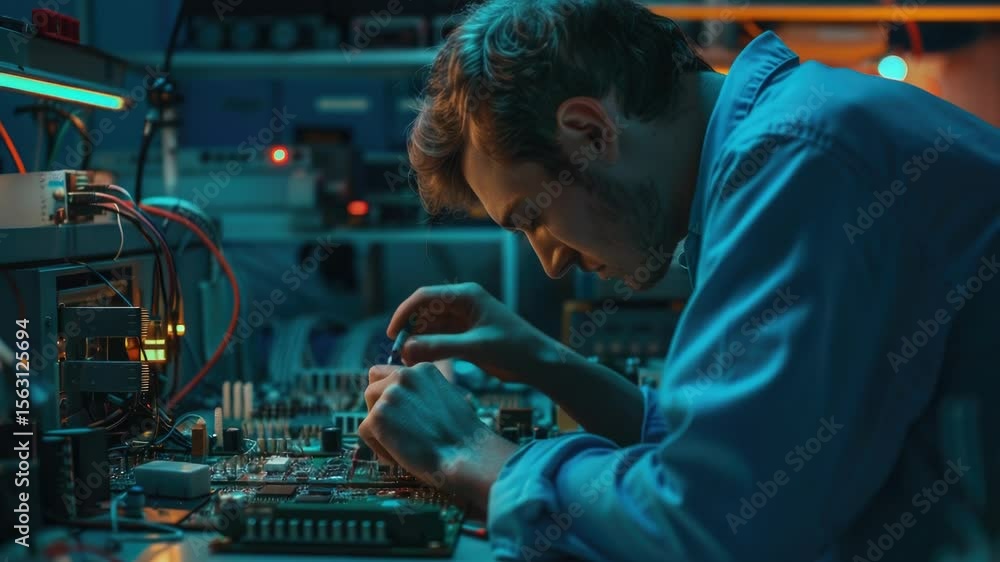 Poster a person assembling electronic components on a printed circuit board