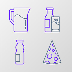 Set line Cheese, Drinking yogurt in bottle, Bottle milk and glass and Milk jug or pitcher icon. Vector