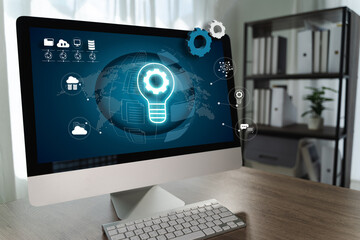 Collaboration tools Modern computer monitor displaying digital technology and innovation concepts in professional workspace environment