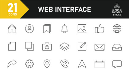 Web Interface line icon set. Set of 21 outline icons related to home, profile, document, app, ui, ux, setting, website, interface and others. Editable stroke. Vector illustration.