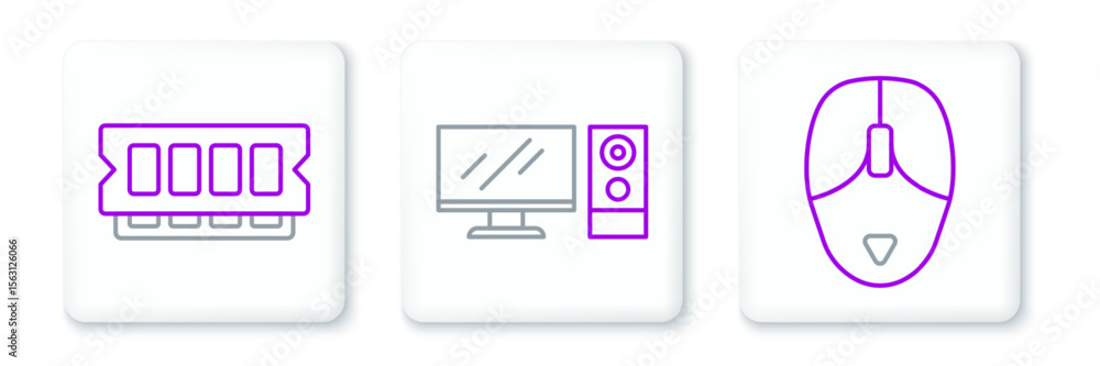Poster Set line Computer mouse, RAM, random access memory and monitor icon. Vector