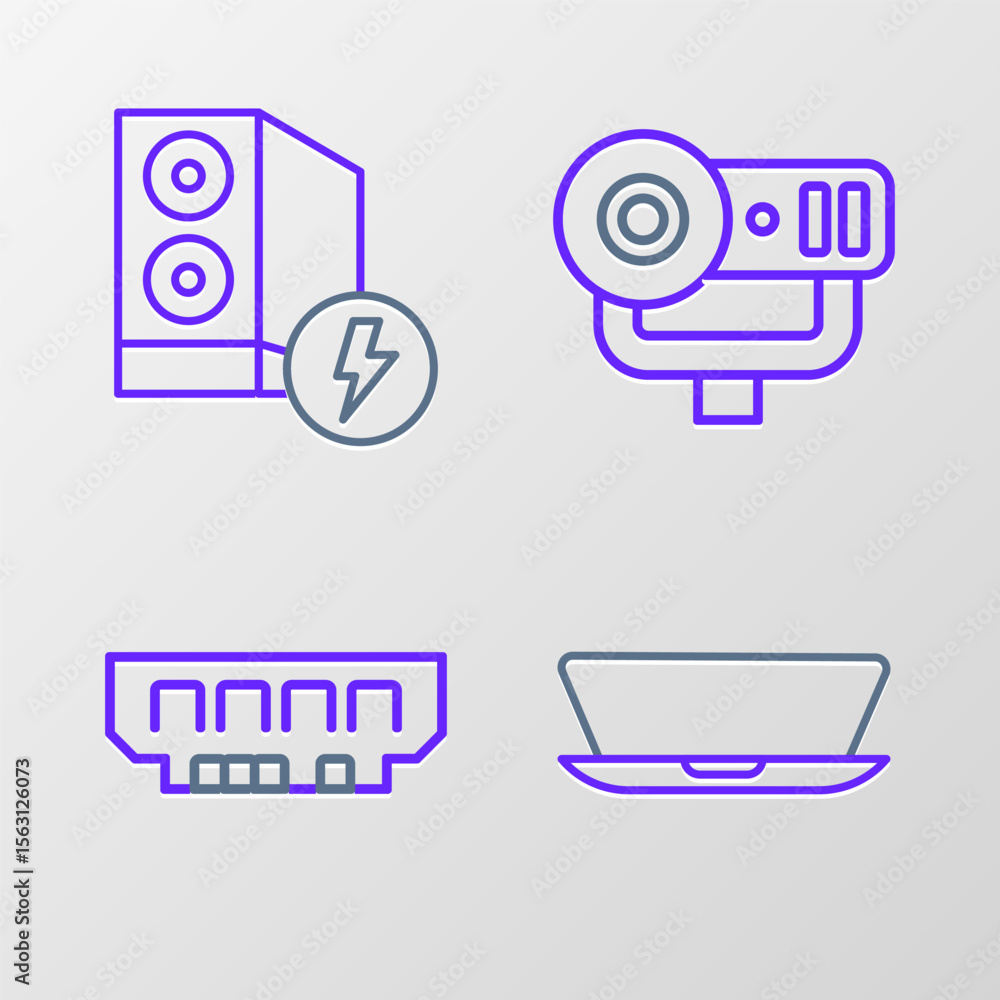 Poster set line laptop, ram, random access memory, web camera and case of computer icon. vector